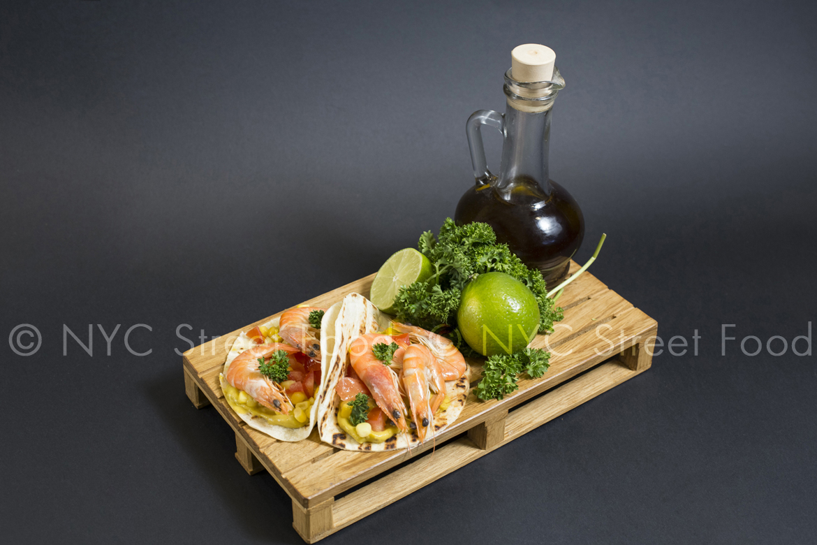 Tacos with Shrimp, lime, olive-oil and-salad